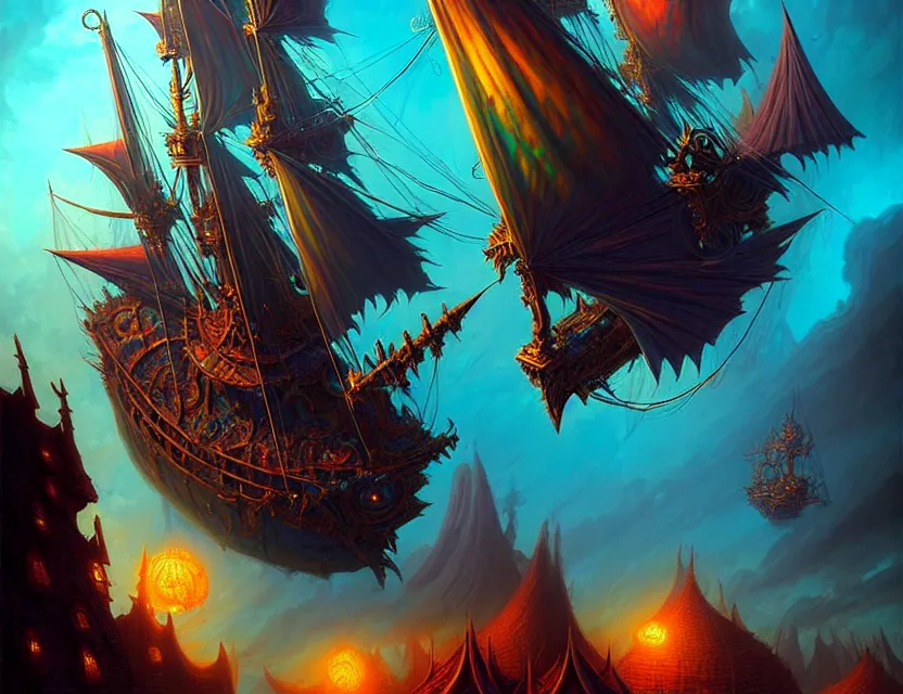 Prompt: the flying magical galleon moves through the multiverse, amazing d & d planescape art, trending on artstation, beautiful digital painting in the style of dan mumford, volumetric lighting, intricate details, ultra realistic, art by kev chan, fantasypunk, deep colors, cgsociety, by art germ, by gerald brom, by peter mohrbacher