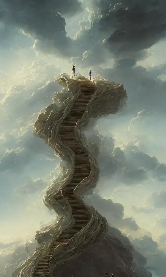 Image similar to endless book stairway to universe, sky full of clouds, art by greg rutkowski and peter mohrbacher, featured in artstation, octane render, cinematic, elegant, intricate, ultra detailed, rule of thirds, professional lighting, unreal engine, fantasy, concept art, sharp focus, illustration, 8 k