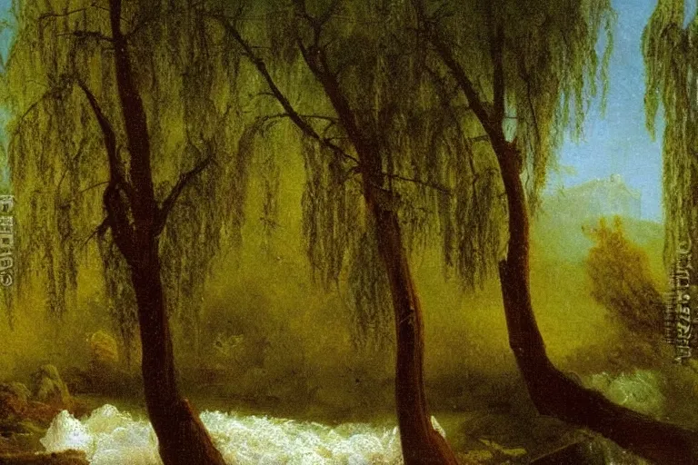 Image similar to oil painting of a willow tree next to a raging river by albert bierstadt