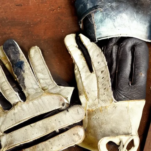 Image similar to equipment cutout, gloves, damaged and tattered, deteriorated fine leather gloves