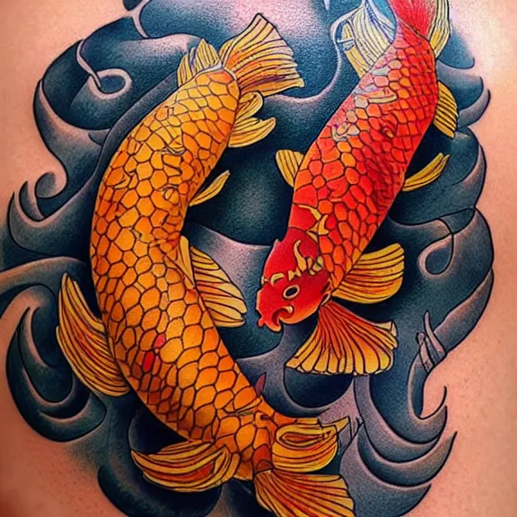 Image similar to “neotraditional tattoo of two koi fishes swimming, digital art, tattoo art, highly detailed, hiperrealistic, photorealistic, 4k UHD, Zoltán Szente, Adam K. Perjatel, Federico Spadafora”