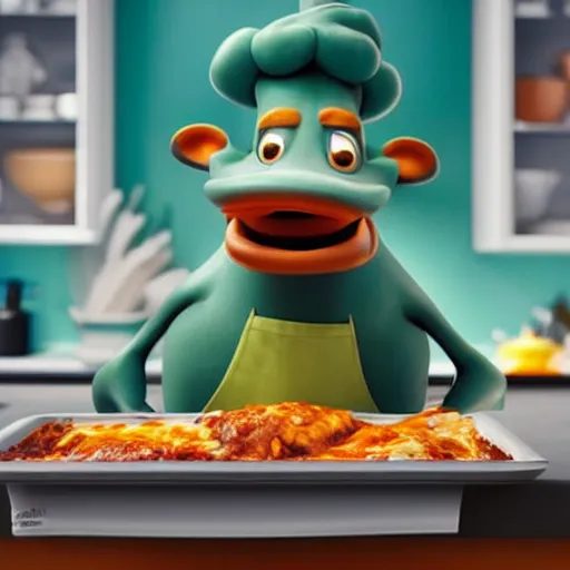 Image similar to pixar style platypus on a kitchen wearing a chef hat and holding a lasagna into an over, with three basil leaves over the lasagna, pixar style, ultradetailed, 3 d, ratatouille style