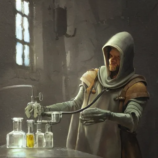 Image similar to medieval fantasy alchemist wearing a hood working in laboratory, oil painting, by Greg Rutkowski
