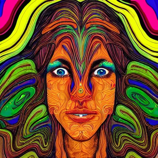 Image similar to a psychedelic illustration of my lehrman doing yoga, medium long brown orange hair, green eyes, round face, thin eyebrows, vivid colors, dramatic, intricate, detailed, art by my lehrman