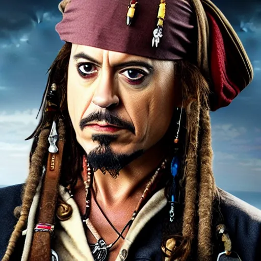 Image similar to Robert Downey Jr. as Jack Sparrow, HD, photorealistic, cinematic lighting
