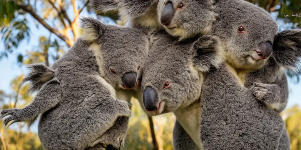 Image similar to A photo of a large koala with 3 heads, 4K, realistic, golden hour