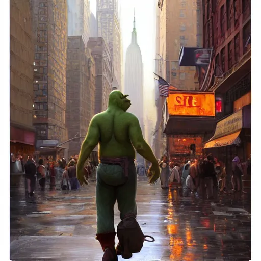 Prompt: Portrait Shrek walking in New york streets, digital painting, artstation, concept art, donato giancola, Joseph Christian Leyendecker, WLOP, Boris Vallejo, Breathtaking, 8k resolution, extremely detailed, beautiful, establishing shot, artistic, hyperrealistic, octane render, cinematic lighting, dramatic lighting, masterpiece, light brazen, extremely detailed