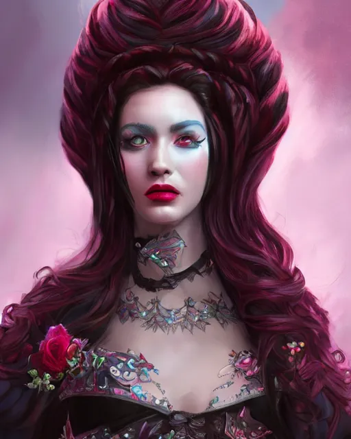 Image similar to the empress of licorice, D&D character art, candyland character, black licorice twist hair, licorice clothing, femme fatale, realistic digital painting, fantasy art, digital painting, character portrait, intricate ornamentation, by WLOP, Artstation Trending, Wayne Reynolds