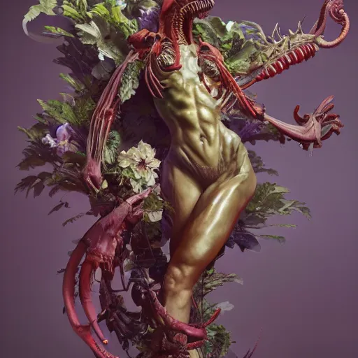 Image similar to a xenomorph made of flowers, art by artgerm and greg rutkowski and alphonse mucha, concept art, octane render, unreal engine 5, highly detailed, high quality, 8 k, soft lighting, path traced