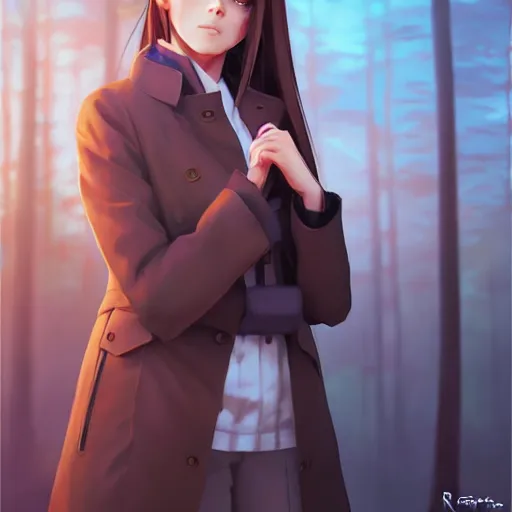 Image similar to realistic render of a girl with brown hair in a ponytail, blue eyes wearing a blue trenchcoat by rossdraws, forest background by ilya kuvshinov, digital anime art by ross tran, composition by sana takeda, lighting by greg rutkowski