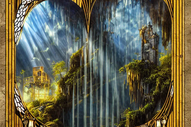 Image similar to gothic waterfall favela honeybee hive, art nouveau environment, crepuscular rays, industrial factory, award winning art, epic dreamlike fantasy landscape, ultra realistic,