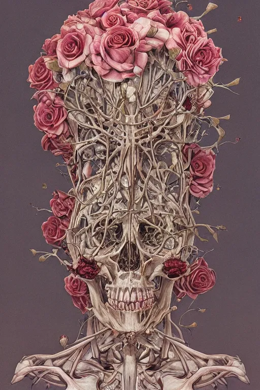 Image similar to roses growing from the skeleton frame, carol, by damien hirst and alexander mcqueen and peter gric and takato yamamoto and zdzisław beksinski and laurie lipton and victo ngai and esao andrews, trending on artstation