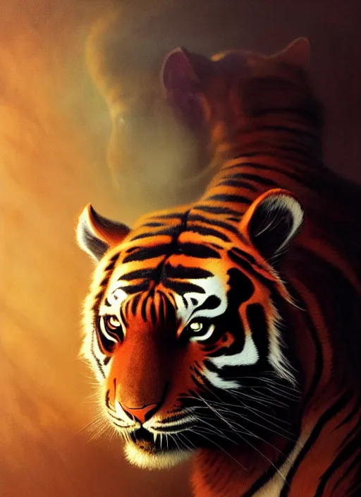 Image similar to portrait of a humanoid tiger and a black cat, atmospheric lighting, painted, menacing, intricate, volumetric lighting, beautiful, rich deep colours masterpiece, golden hour, sharp focus, ultra detailed, by leesha hannigan, ross tran, thierry doizon, kai carpenter, ignacio fernandez rios