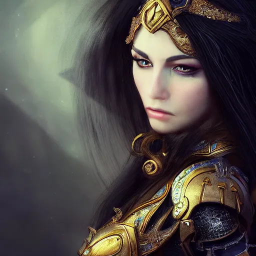 Prompt: beautiful female cleric with long black hair and a golden eye, focus on face, jewellery, fantasy, medieval, still, photograph, highly detailed, cinematic, dramatic, dynamic lighting, award winning, masterpiece, trending on artstation