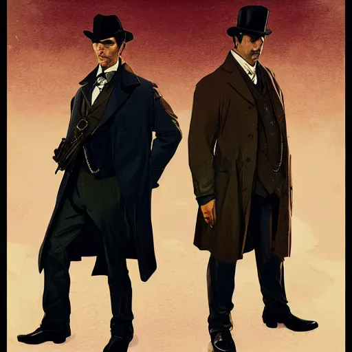 Image similar to [Sherlock Holmes and Watson as GTA characters, intricate, elegant, graphic detail, digital painting, trending on artstation, concept art, tonalism, sharp focus, illustration, art by Miguel Vasquez and Greg Rutkowski and Alphonse Mucha]