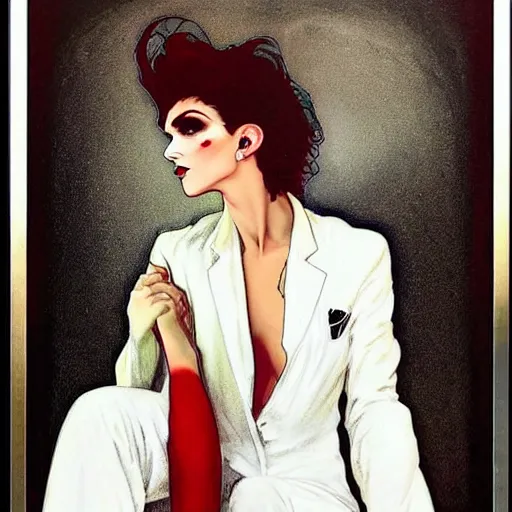 Image similar to stunning portrait of androgynous ruby rose as desire from sandman in a white tuxedo!!!, rockabilly style,, by alphonse mucha, by jeremy mann, by peter lindbergh, dave mckean, by frank moth, white suit and black tie, soft lightning, high detailed, 8 k