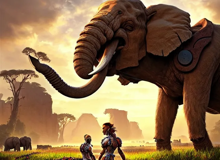 Image similar to symmetry!! landscape portrait of a herd of hybrid robot mammoth elephant with big tusk, floral! horizon zero dawn machine, intricate, elegant, highly detailed, digital painting, ancient ruins background, sunrise, background atmospheric lighting, ray tracing, artstation, concept art, smooth, sharp focus, illustration, art by artgerm and greg rutkowski 8 k