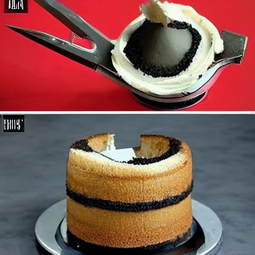 Prompt: a grenade cut in half, it's actually a cake inside