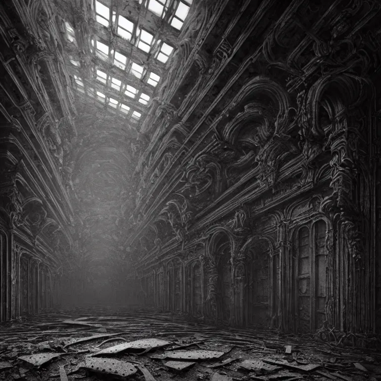 Prompt: portrait of ribbed abandoned biomechanical interior halls in a desolate empty wasteland, creepy, nightmare, dream-like heavy atmosphere, surreal abandoned buildings, baroque painting, beautiful detailed intricate insanely detailed octane render trending on Artstation, 8K artistic photography, photorealistic, chiaroscuro, cinematic volumetric light, Raphael, Caravaggio, Beksinski, Giger