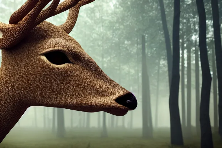 Image similar to a close up of the head of a laser-eyed deer, background of a landscape misty forest scene, the sun glistening through the trees, hyper realistic photograph, octane render 8k, trending on artstation, unreal engine