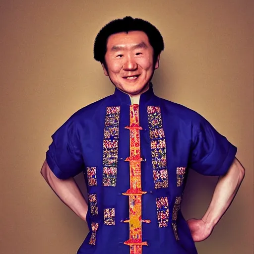 Image similar to realistic photography by araki nobuyoshi of wearing traditional ukrainian shirt designed by taras shevchenko. smiling kim chen in