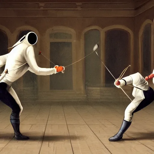 Image similar to a great fencing duel for the ages taking place in midtown england ilust. 1 7 8 4, atmospheric lighting, detailed, hdr, 4 k, best on wlop, pixiv, stunning, gorgeous, much wow, cinematic, masterpiece