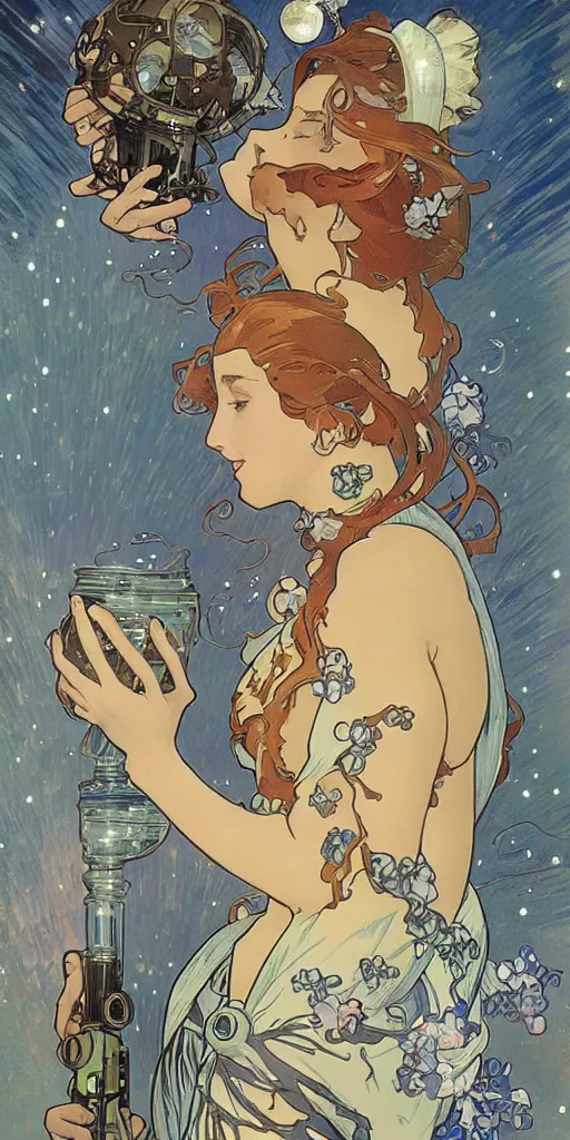 Prompt: a woman wearing outer space as a dress and pouring water from a vase into the milky way, by joe madura, by alphonse mucha, battle chasers.