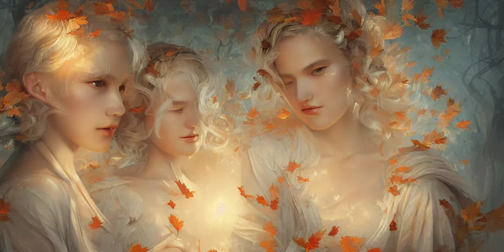 Image similar to breathtaking detailed concept art painting art deco pattern of blonde goddesses faces amalgamation autumn leaves, by hsiao - ron cheng and volegov, bizarre compositions, exquisite detail, extremely moody lighting, 8 k