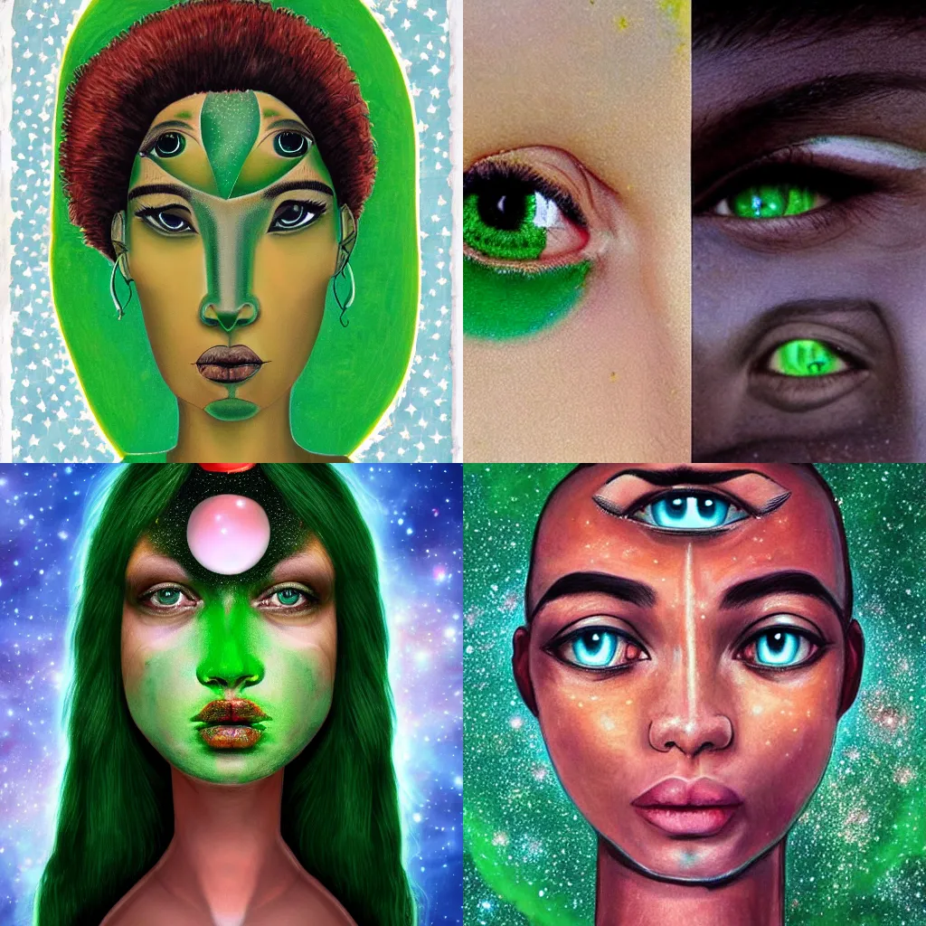 Prompt: Green eyed giant girl the size of the universe with stars in her skin and Horus