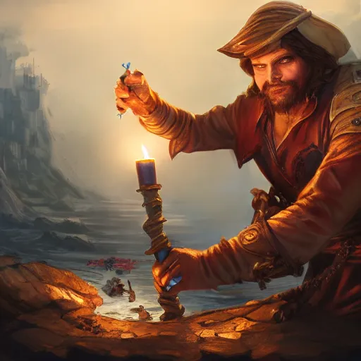 Image similar to concept art of a swashbuckler holding a candle discovering a sunken city, wearing a cape, wearing a night cap, highly detailed, digital art, illustration, artstation, very detailed, 4 k