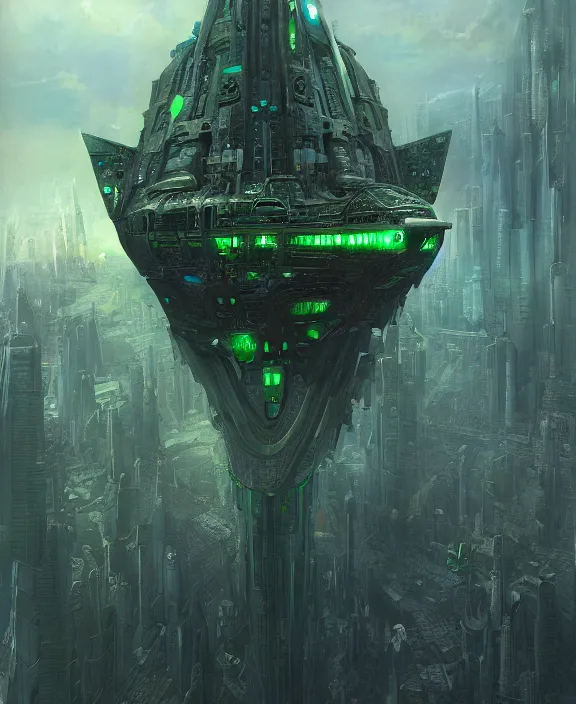 Image similar to a futuristic green spaceship flying above a large city by hr giger and beksinski and stephan martiniere, trending on artstation, 4 k resolution, detailed, high quality, hq artwork