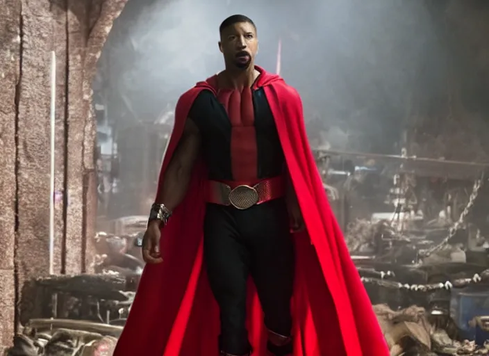 Image similar to film still of michael b jordan as spawn in the new spawn movie, giant chains, large cape, 8 k