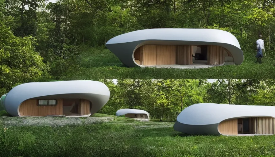 Image similar to A unique innovative and creative eco community of small affordable and contemporary creative cabins in a lush green forest with soft rounded corners and angles, 3D printed line texture, made of cement, connected by sidewalks, public space, and a park, Design and style by Zaha Hadid, Wes Anderson and Gucci