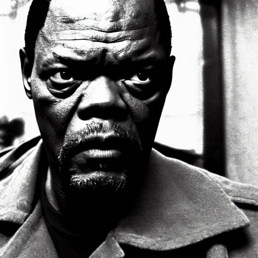 Image similar to film by tarkovsky, stalker style, pulp fiction movie, highly detailed, photorealistic, full - body, samuel l jackson posing in cafe, perfect symmetrical eyes, 8 k resolution, digital art, hyper realistic