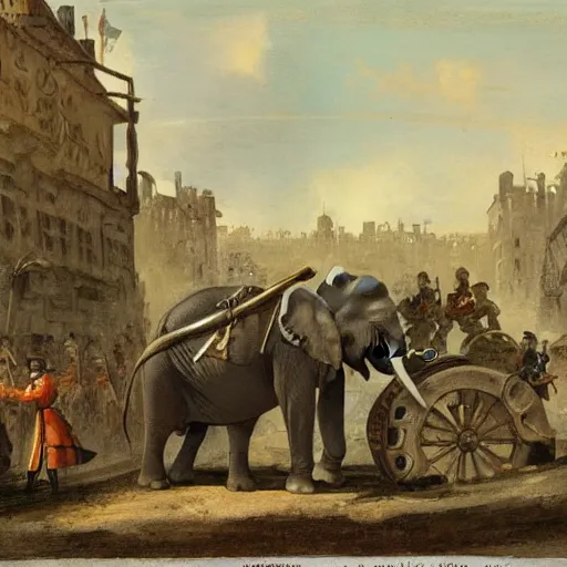 Image similar to elephant with a ww 1 artillery gun in place of its head, men in napoleonic uniform operate the artillery gun, the elephant walks through the streets of a medieval city, illustration, rpg, hubert robert