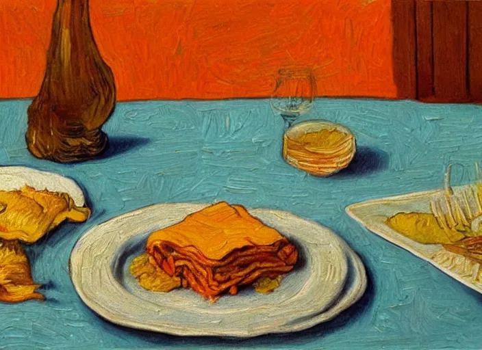 Image similar to detailed realistic realism painting of orange tabby cat eating lasagna at dusk, in the style of vincent van gogh and salvador dali and leonardo da vinci