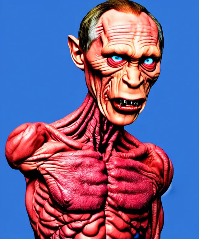 Image similar to hyperrealistic rendering, cronenberg flesh monster vladimir putin by art of skinner and richard corben and jeff easley, product photography, action figure, sofubi, studio lighting, colored gels