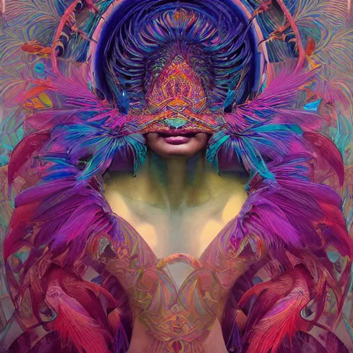 Image similar to A reality bending psychedelic ayahuasca experience, colorful, distorted, surreal, tropical bird feathers, dramatic lighting on the face, intricate, elegant, highly detailed, digital painting, concept art, smooth, sharp focus, illustration, art by Krenz Cushart and Wayne Barlowe and alphonse mucha