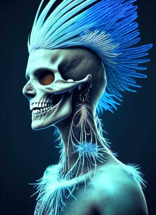 Image similar to 3 d shaman with tattoos profile portrait, sigma 5 0 0 mm f / 5. beautiful intricate highly detailed skull and feathers and hairs and tattoos. bioluminescent, plasma, frost, water, wind, creature, gradient background, thunderstorm! artwork by tooth wu and wlop and beeple and greg rutkowski, 8 k trending on artstation,