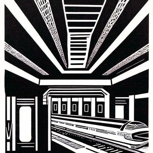 Prompt: a linocut print of a retro 70s sci-fi underground train station by Syd Mead and Gail Brodholt
