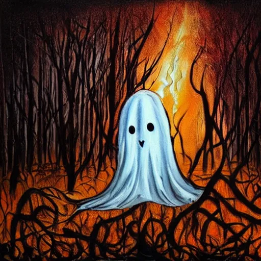 Image similar to ominous bedsheet ghost standing in a burning forest, oil painting, brush strokes, gloomy foggy atmosphere, symmetrical, full body image, highly ornate intricate details,