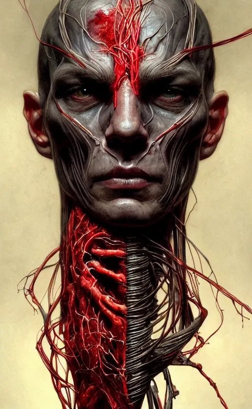 Image similar to portrait of a dark god, bloody wires, visible veins and nerves and muscles and bones and arteries, intricate, headshot, highly detailed, digital painting, artstation, concept art, sharp focus, cinematic lighting, illustration, art by artgerm and greg rutkowski, alphonse mucha, cgsociety