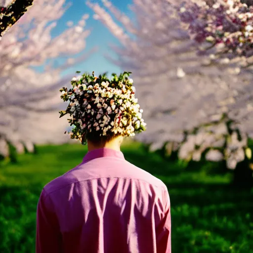 Image similar to kodak portra 4 0 0 photograph of a skinny blonde guy standing in field of cherry blossom trees, back view, flower crown, moody lighting, moody vibe, telephoto, 9 0 s vibe, blurry background, vaporwave colors, faded!,