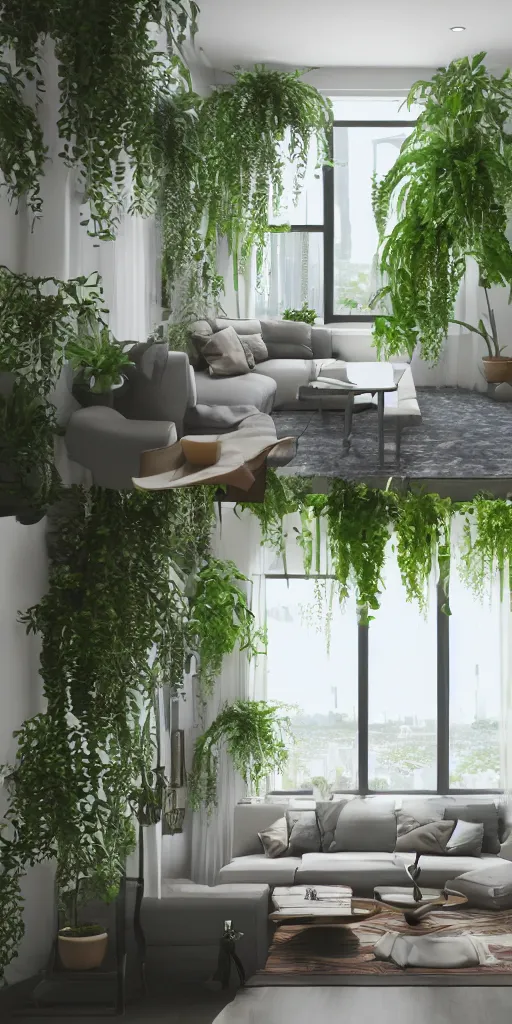 Prompt: living room with plants, future, cityscape, v - ray, corona render, hyper realistic, ultra detailed