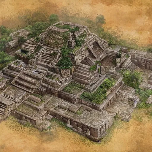 Prompt: Detailed map of ancient mayan ruins in Disco Elysium, by Greg Rutkowski