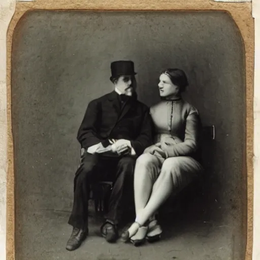 Prompt: a couple sitting on a park bench, Daguerrotype