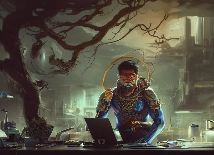 Image similar to an insanely detailed painting of an asian man wearing a homemade superhero costume, sitting at a desk, staring seriously at the computer and typing, in the style of peter mohrbacher, james jean, dramatic lighting and composition, surreal background, octane render, pixar, trending on artstation, concept art, comic book, view from behind, 8 k