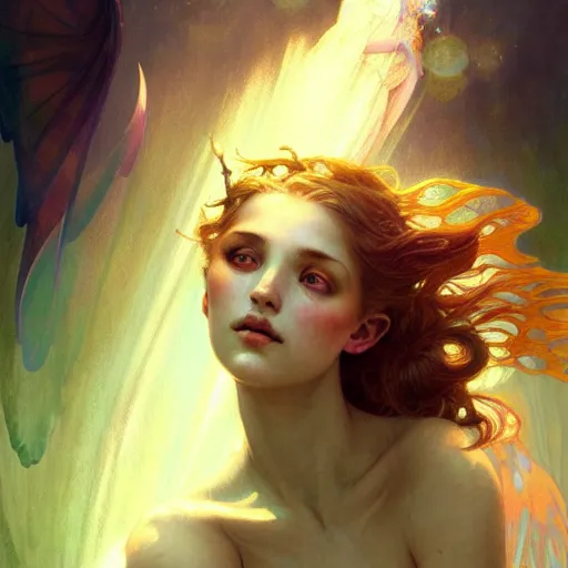 Prompt: Portrait of a girl mermaid with wings underwater surrounded by glowing light rays, face, fantasy, intricate, elegant, highly detailed, digital painting, artstation, concept art, smooth, sharp focus, illustration, art by Krenz Cushart and Artem Demura and alphonse mucha