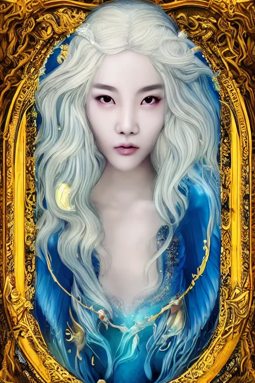 Image similar to a beautiful young Asian woman, Queen of the Sea Mu Yanling, long flowing white hair, blue and yellow robe that resembles floating wings, water flowing and floating around, young female face, liquid magic, cinematic top lighting, insanely detailed and intricate, face by wlop, Charlie Bowater, golden ratio, symmetrical proportions, elegant, ornate, luxury, elite, matte painting, MTG, magic the gathering, trending on artstation, cinematic, cgsociety, 8k, high resolution,