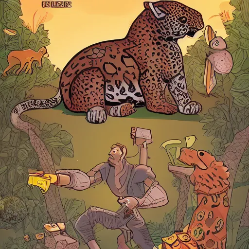 Image similar to the story of the leopard and the tortoise in the style of josan gonzalez